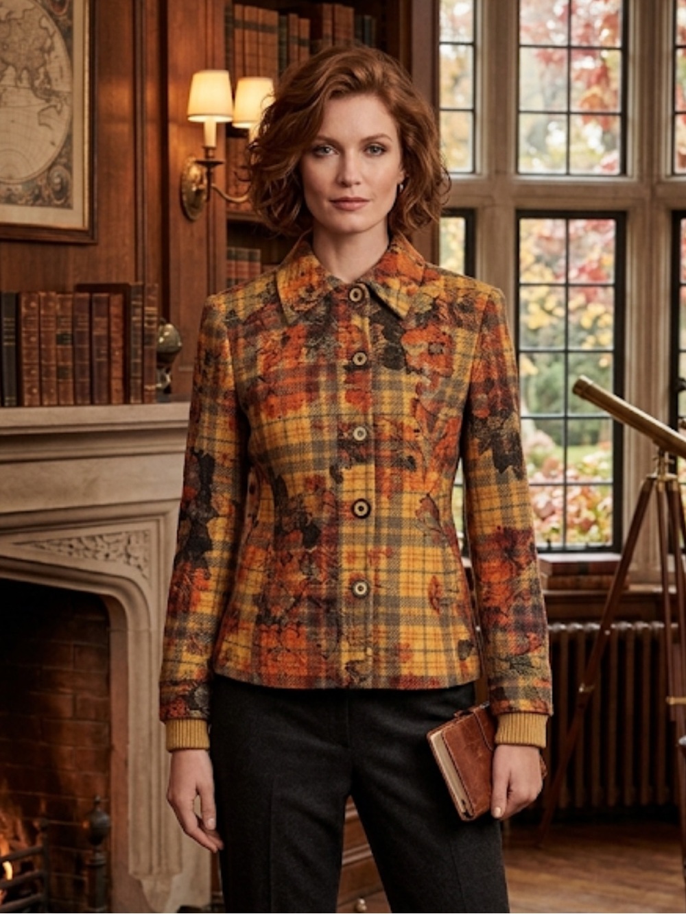 ST. JOHN SPORT‎ by Marie Gray Orange Yellow Floral Plaid Autumn Wool Jacket P